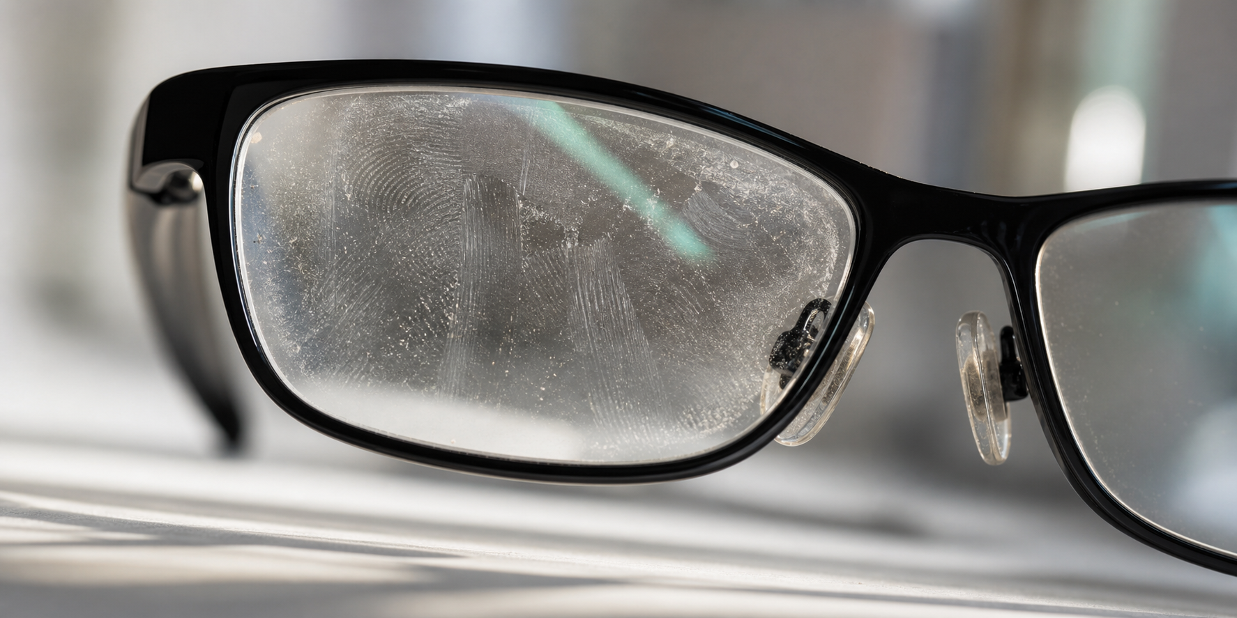 Brille mit Schlieren und Fingerabdrücken
